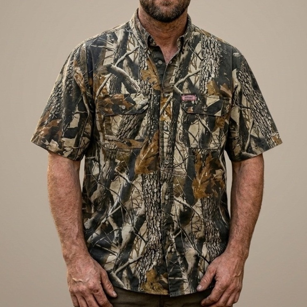 Woolrich Button Down Shirt Mens XL Brown RealTree Camo Short Sleeve Cotton‎